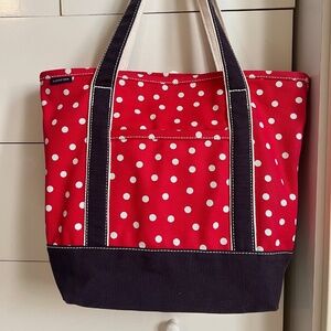 Lands End Medium Signature Canvas Tote with Red and White Polka Dots Pattern New